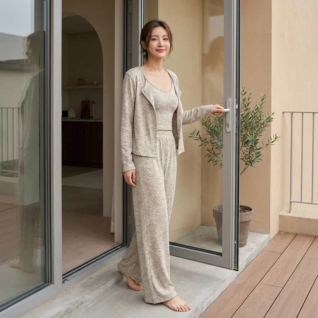 Serelle Three-Piece Lounge Set – straight-leg pants