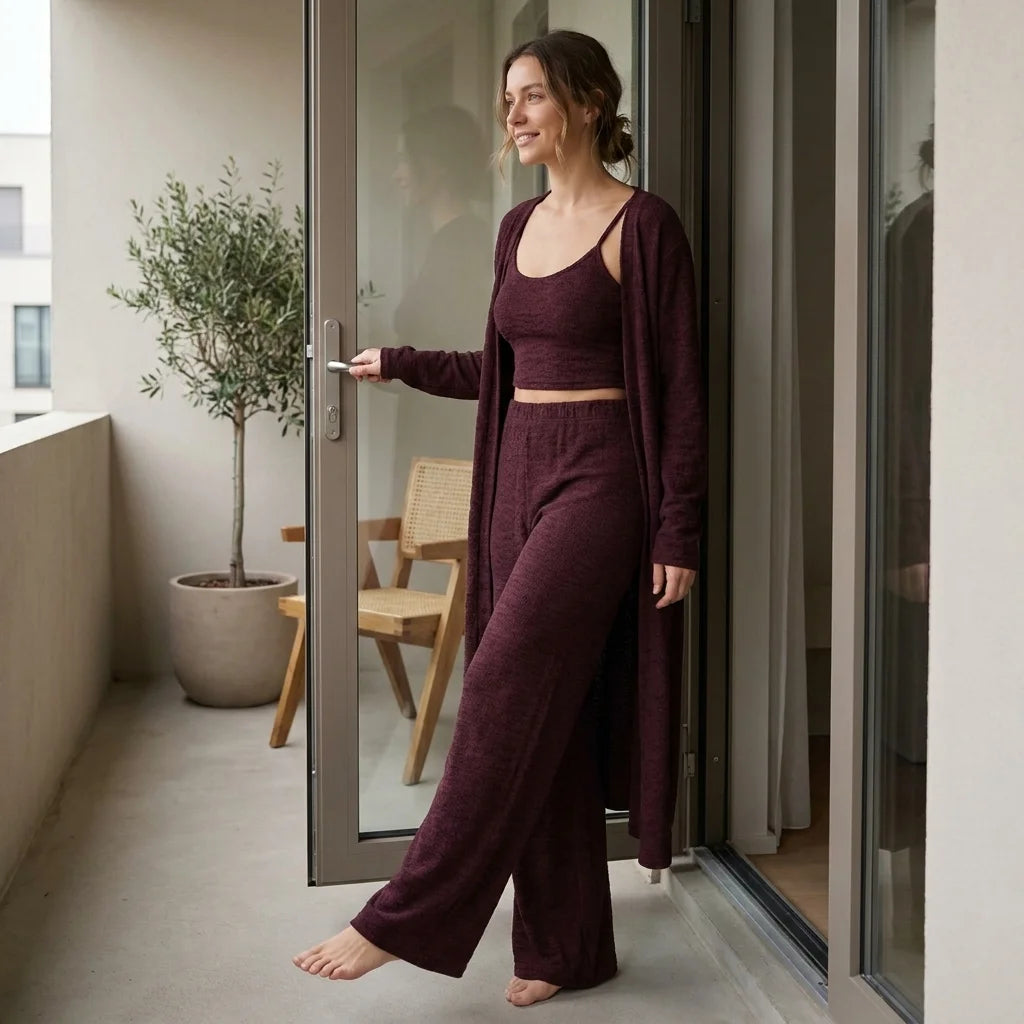 Serelle Three-Piece Lounge Set – straight-leg pants