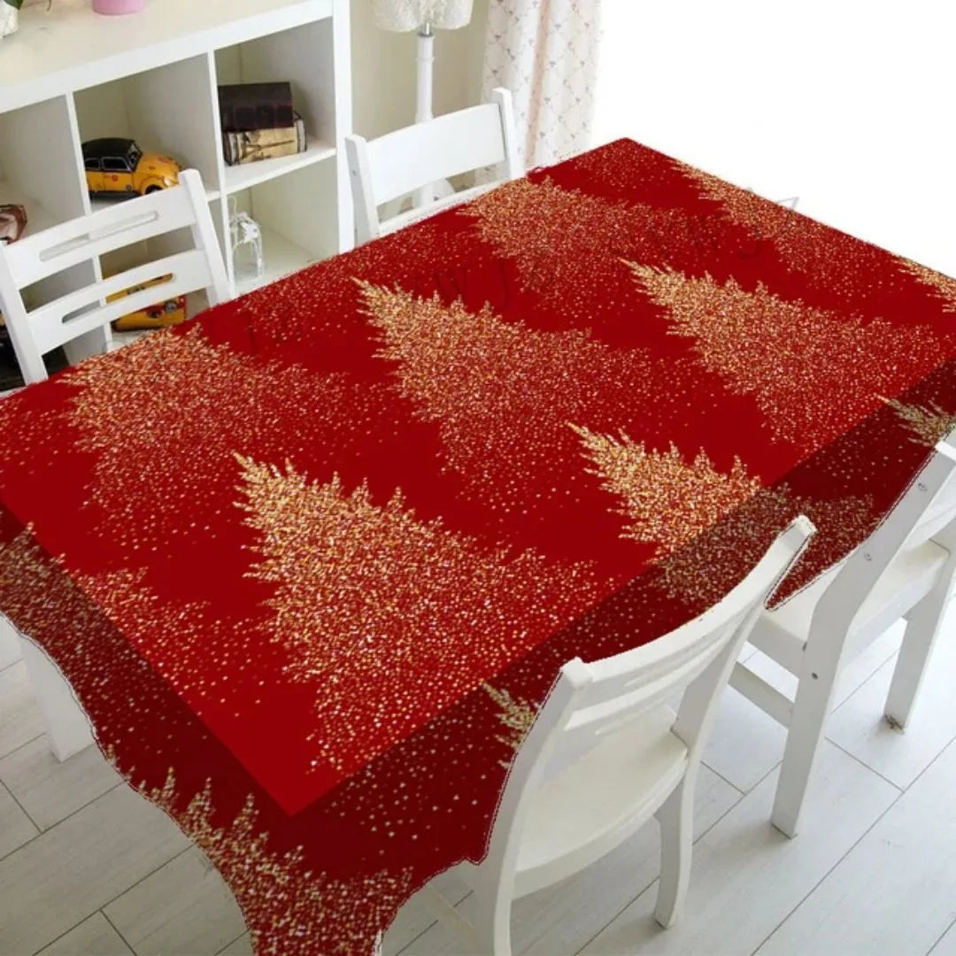 Red Waterproof Christmas Tablecloth with Pine Tree Motif - Detail 2 - Envilune Luxury Christmas Decor