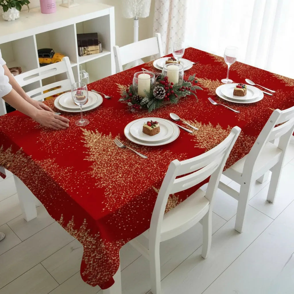 Red Waterproof Christmas Tablecloth with Pine Tree Motif - Detail 1 - Envilune Luxury Christmas Decor