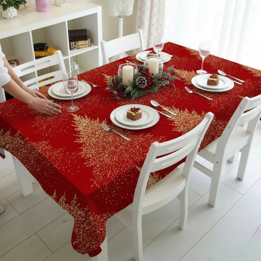 Red Waterproof Christmas Tablecloth with Pine Tree Motif - Detail 1 - Envilune Luxury Christmas Decor