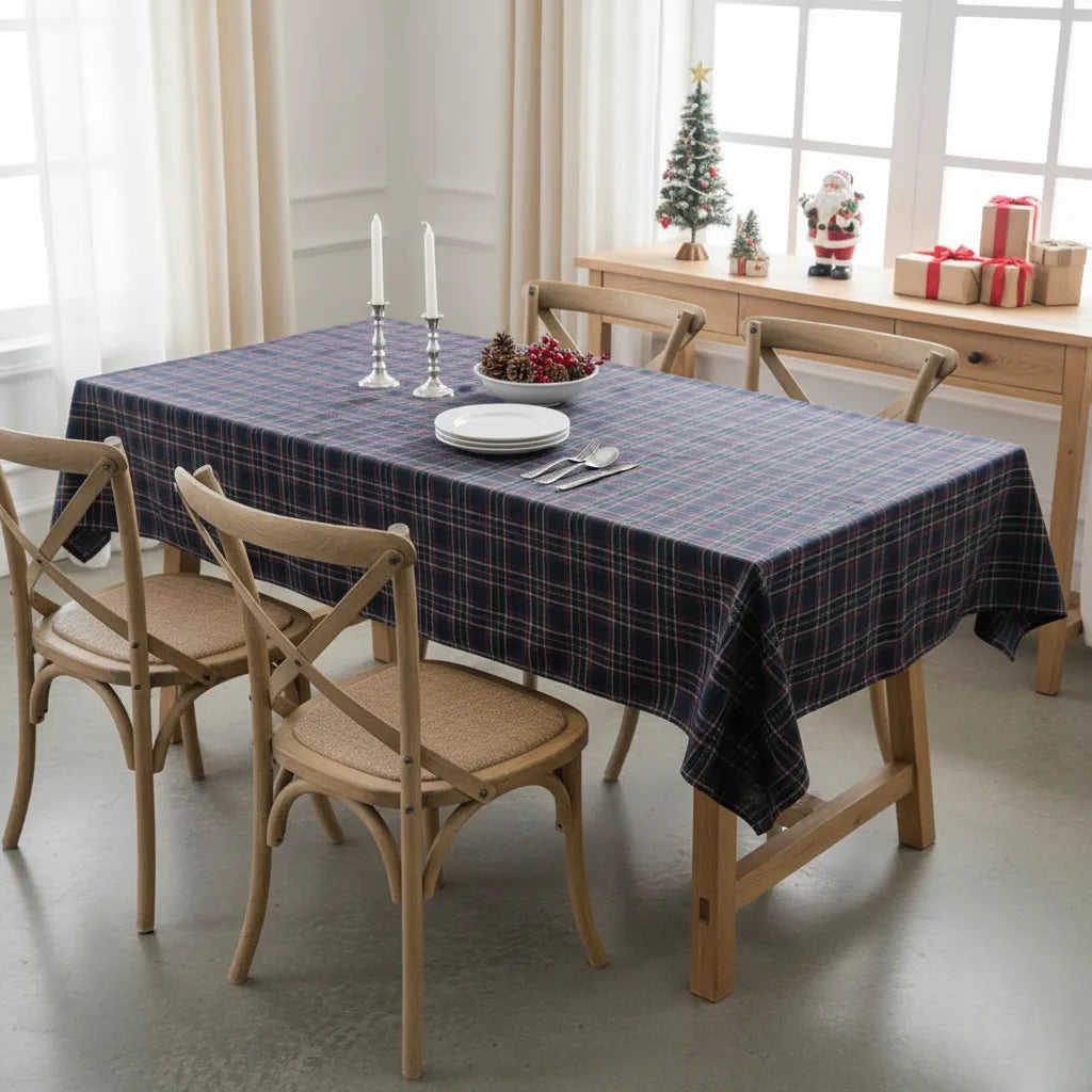 Blue Tartan Check Waterproof Christmas Tablecloth Dining Cover - Detail 1 - Envilune Luxury Christmas Decor