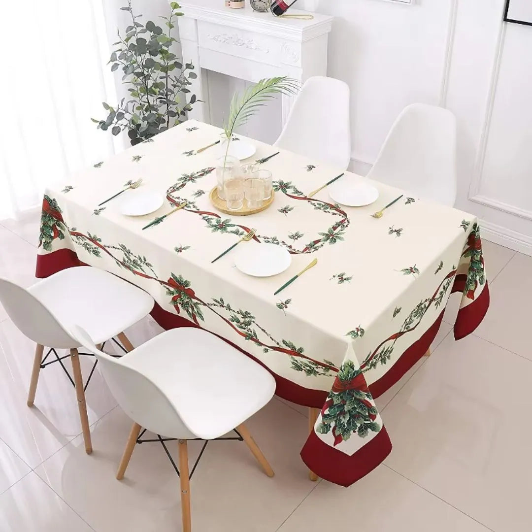 Holly Leaf and Berry Waterproof Christmas Tablecloth Dining Decor - Detail 1 - Envilune Luxury Christmas Decor