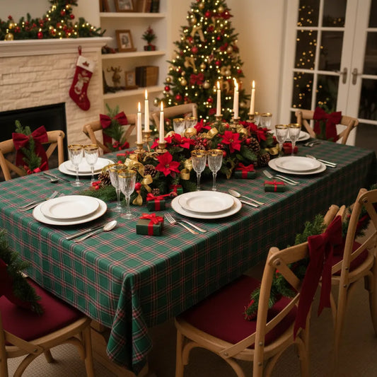 Forest Green Plaid Waterproof Christmas Tablecloth Dining Decor - Detail 1 - Envilune Luxury Christmas Decor