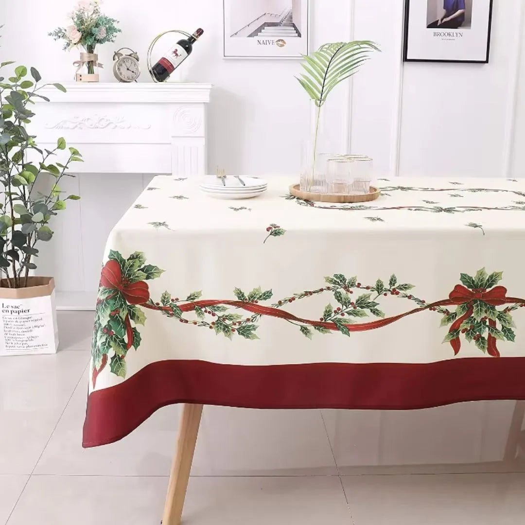 Holly Leaf and Berry Waterproof Christmas Tablecloth Dining Decor - Detail 2 - Envilune Luxury Christmas Decor