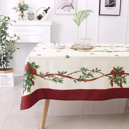 Holly Leaf and Berry Waterproof Christmas Tablecloth Dining Decor - Detail 2 - Envilune Luxury Christmas Decor