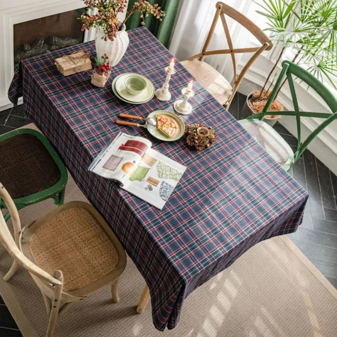Blue Tartan Check Waterproof Christmas Tablecloth Dining Cover - Detail 2 - Envilune Luxury Christmas Decor