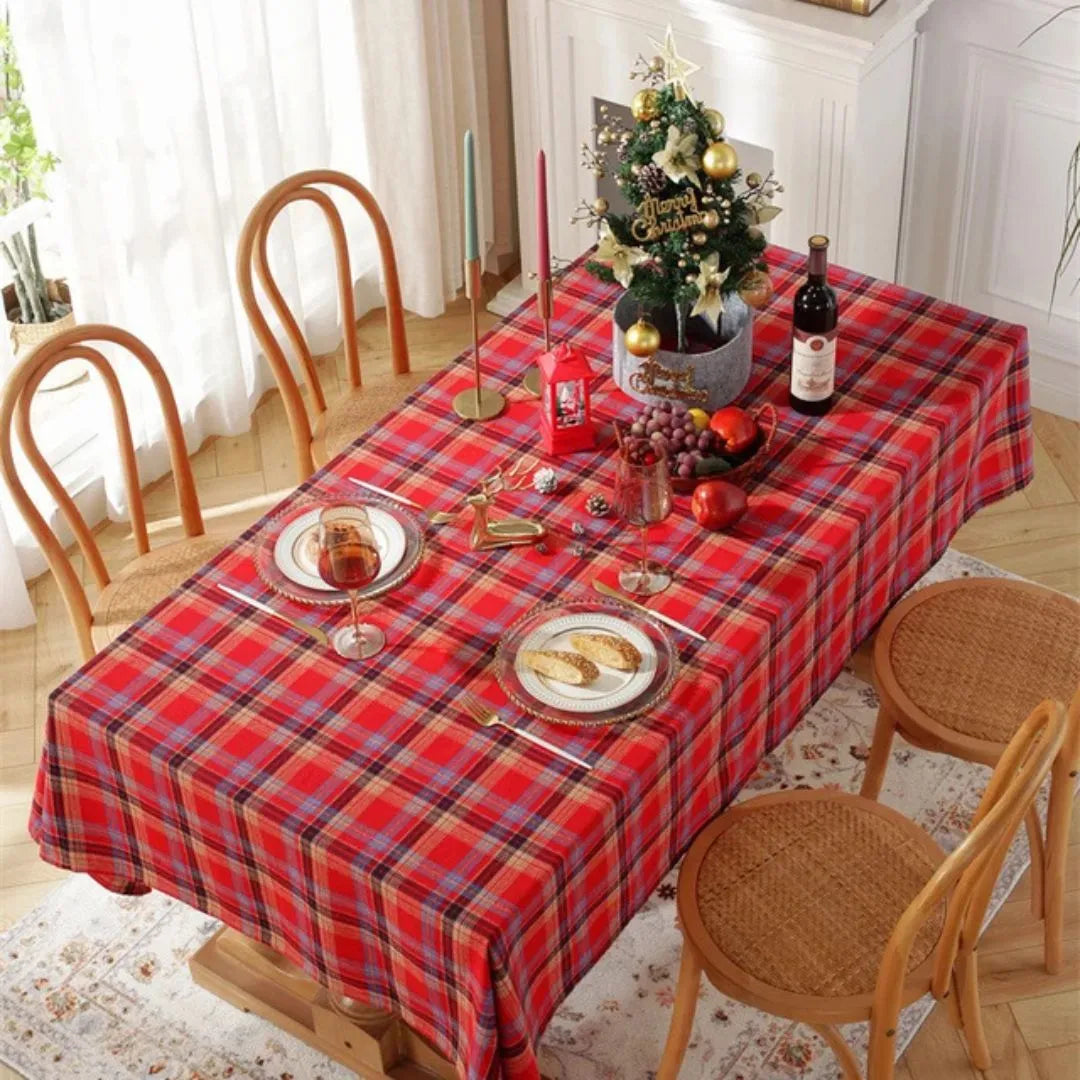 Classic Red Plaid Waterproof Christmas Tablecloth Holiday Dining - Detail 1 - Envilune Luxury Christmas Decor