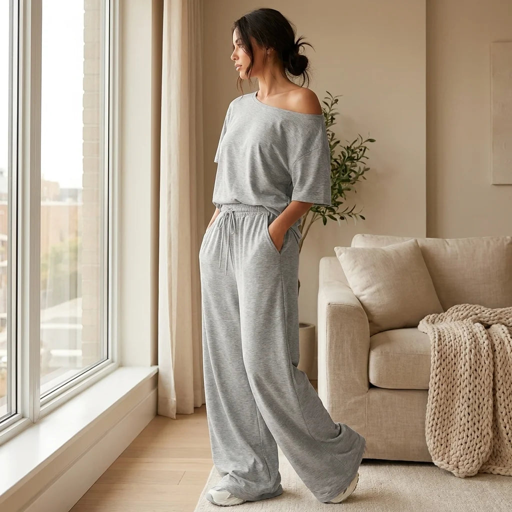 Valenne Off-Shoulder Lounge Set – drawstring waist