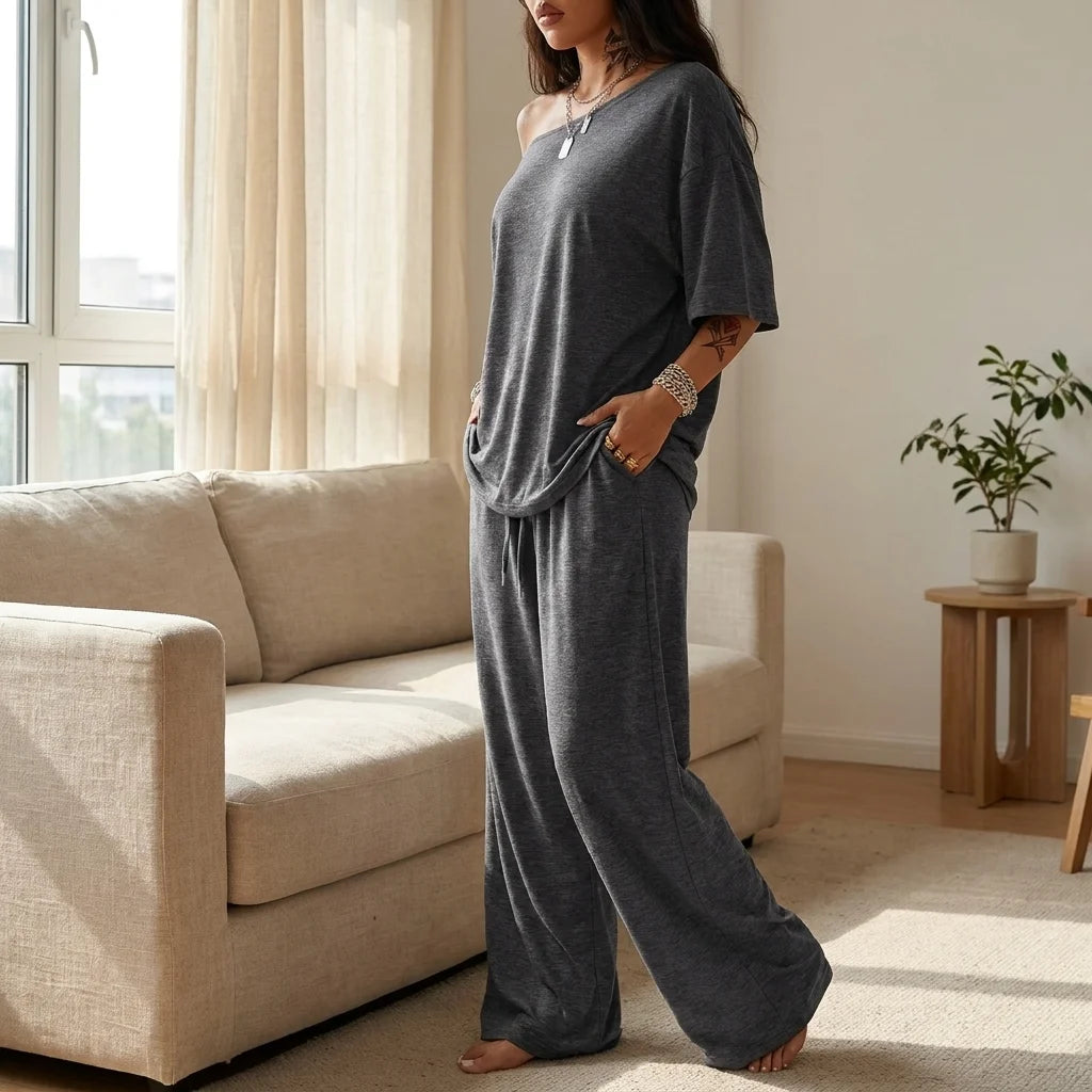 Valenne Off-Shoulder Lounge Set – drawstring waist
