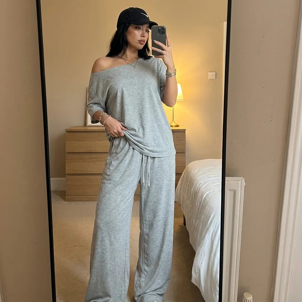 Valenne Off-Shoulder Lounge Set – drawstring waist