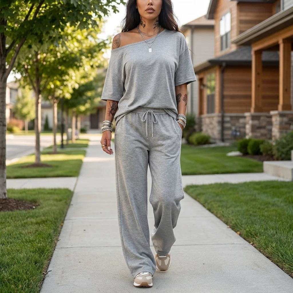 Valenne Off-Shoulder Lounge Set – drawstring waist