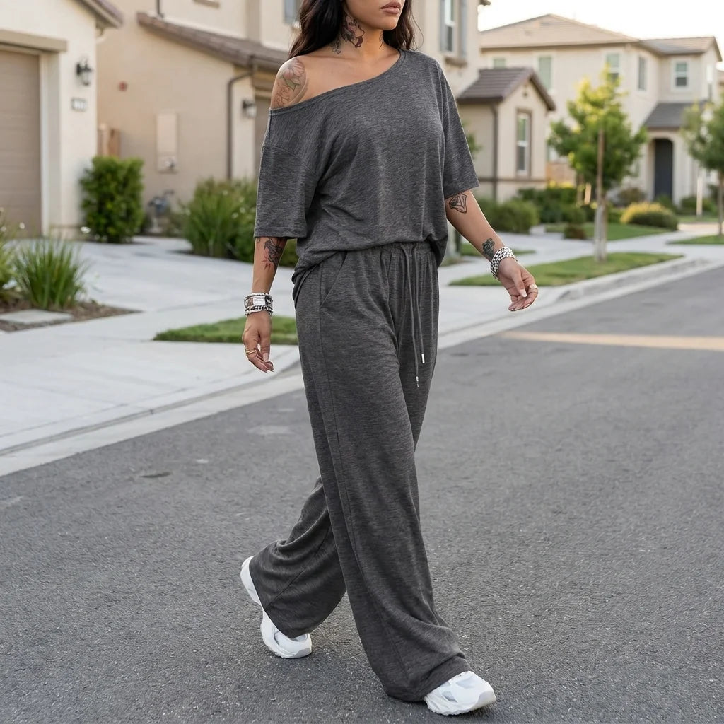 Valenne Off-Shoulder Lounge Set – drawstring waist