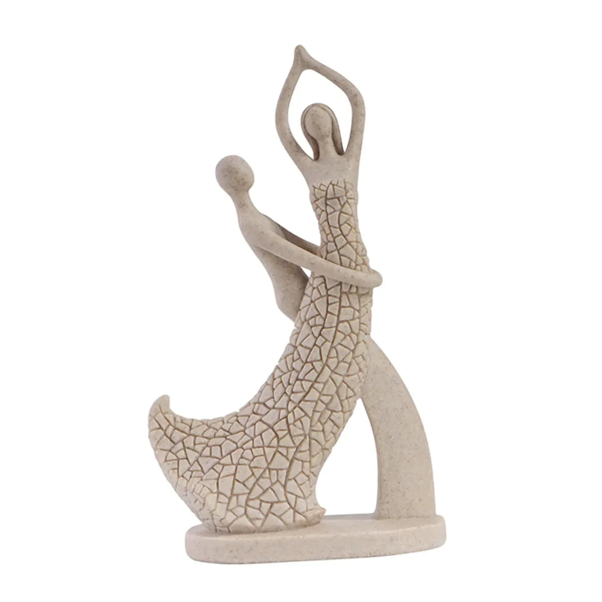 Beige abstract dancing couple sculpture with a sweeping patterned skirt and raised arms on a white background