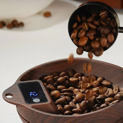 AliKisscafe Digital Coffee Scale – Wood Effect, 0.1 g – in use