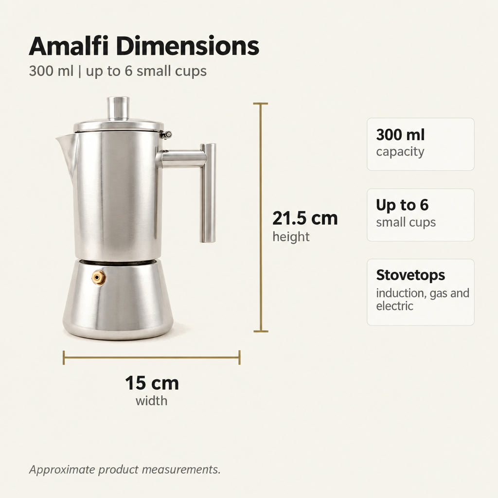 Amalfi Induction Moka Pot with Reducer – 300 ml – dimensions and specifications