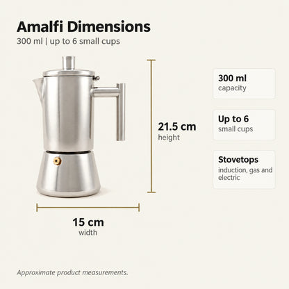 Amalfi Induction Moka Pot with Reducer – 300 ml – dimensions and specifications