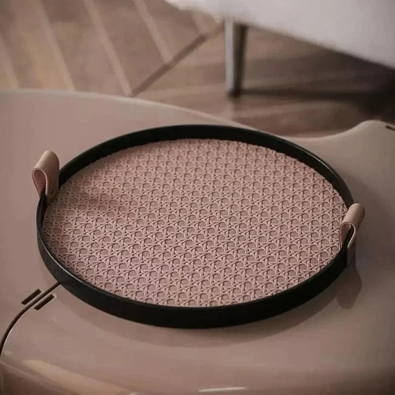 Round Decorative Tray – Faux Leather Handle