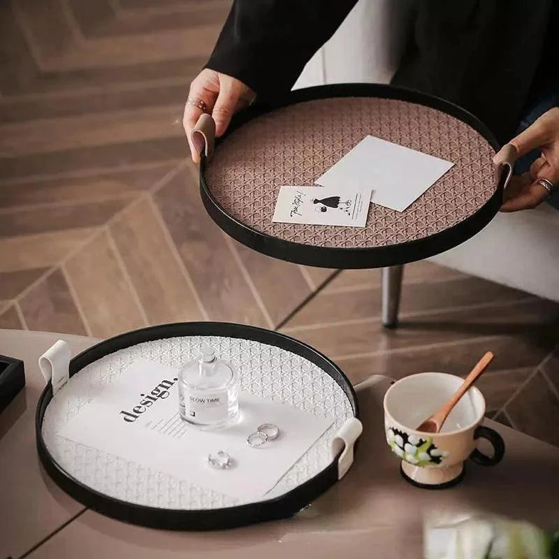 Round Decorative Tray – Faux Leather Handle