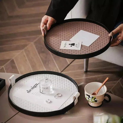 Round Decorative Tray – Faux Leather Handle