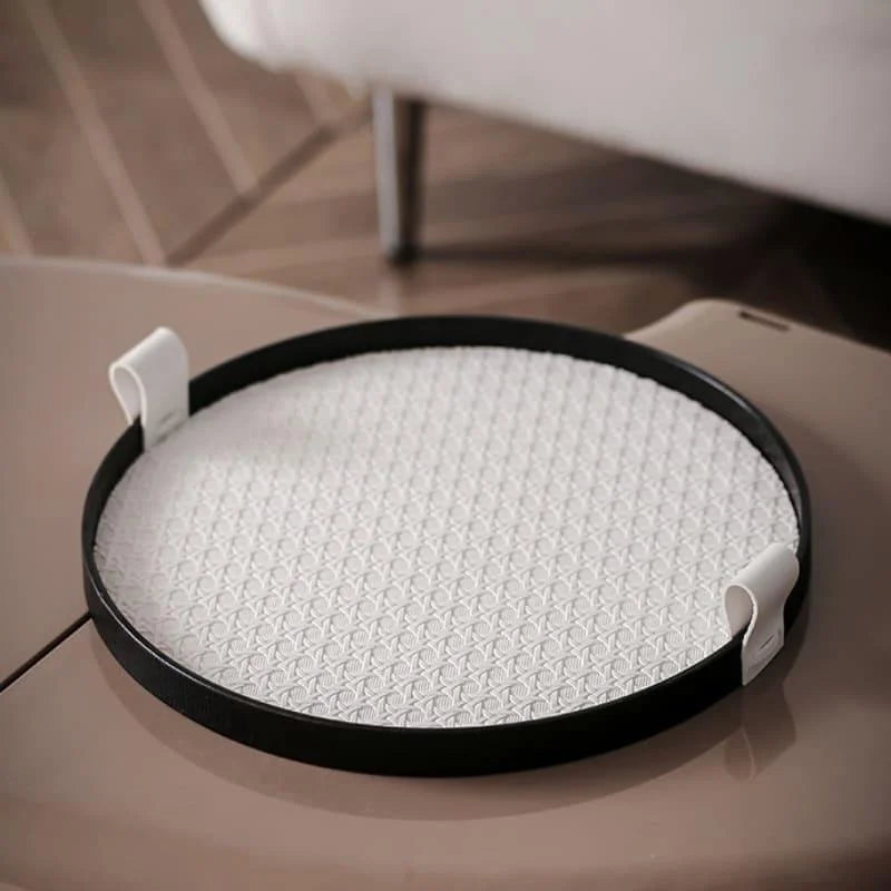 Round Decorative Tray – Faux Leather Handle