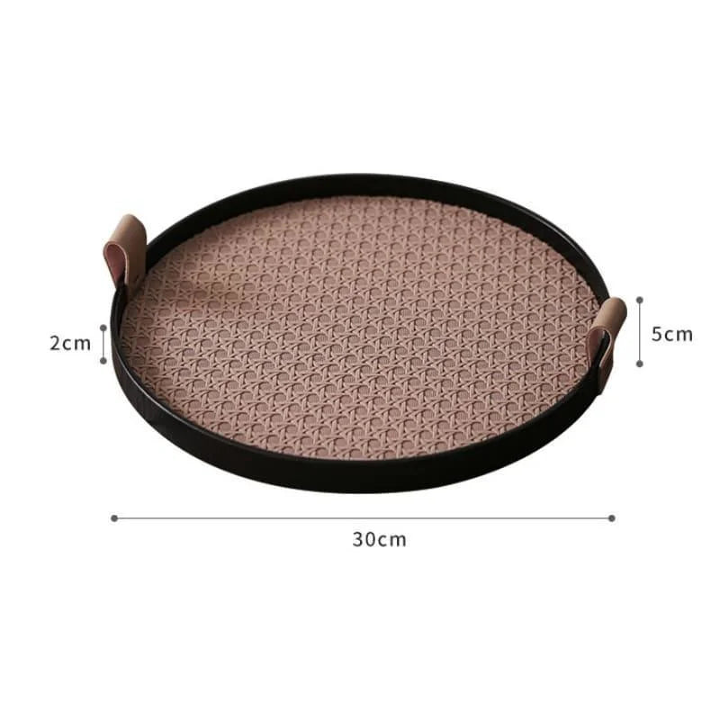 Round Decorative Tray – Faux Leather Handle