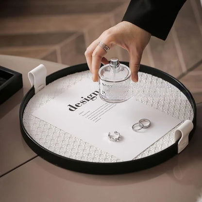 Round Decorative Tray – Faux Leather Handle