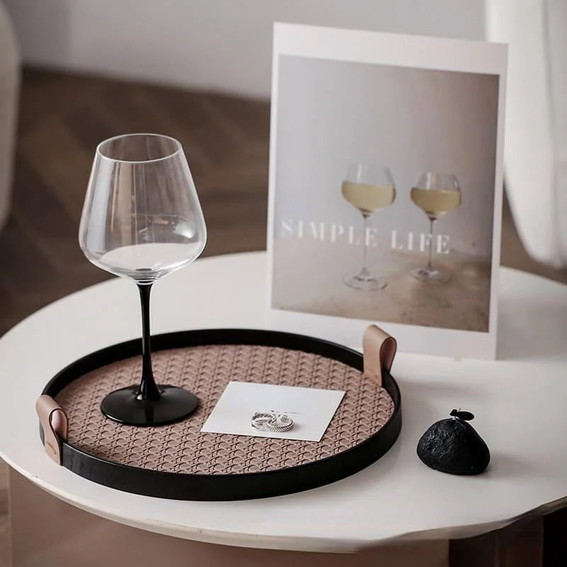 Round Decorative Tray – Faux Leather Handle