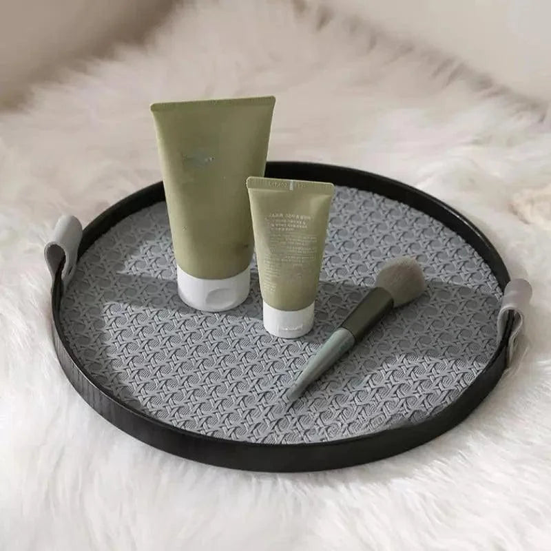 Round Decorative Tray – Faux Leather Handle
