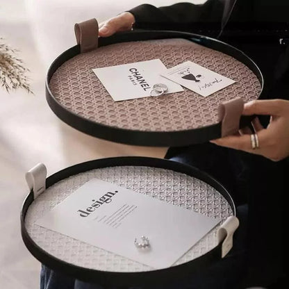 Round Decorative Tray – Faux Leather Handle