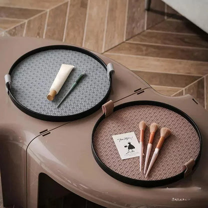 Round Decorative Tray – Faux Leather Handle