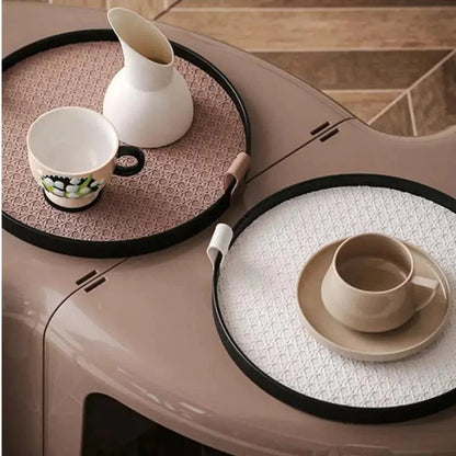 Round Decorative Tray – Faux Leather Handle