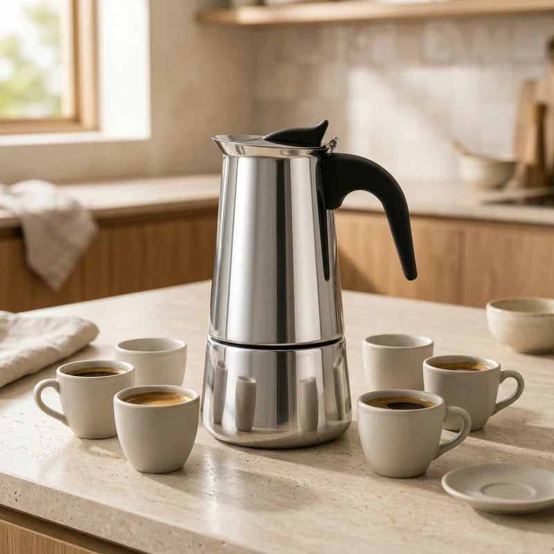 Bari Induction Moka Pot – 300 ml Polished Stainless Steel – dimensions and specifications
