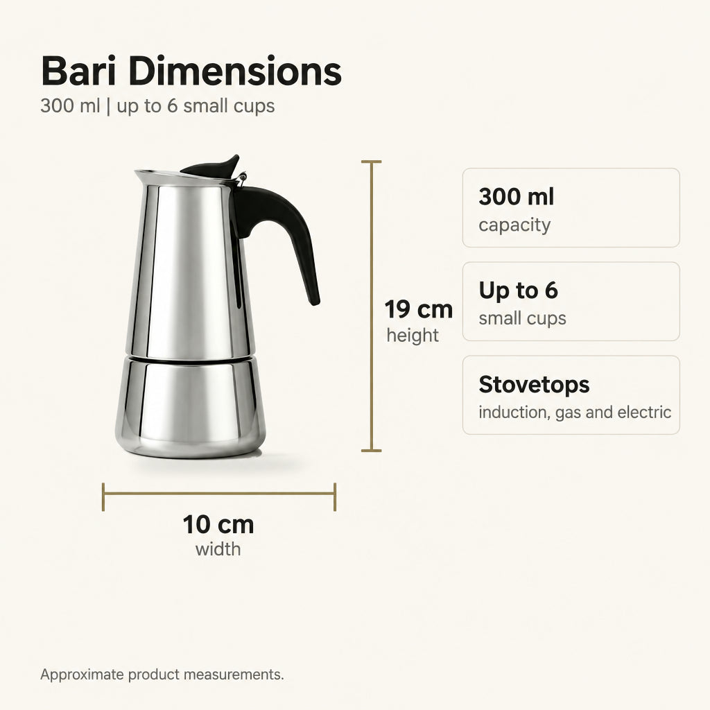 Bari Induction Moka Pot – 300 ml Polished Stainless Steel – dimensions and specifications
