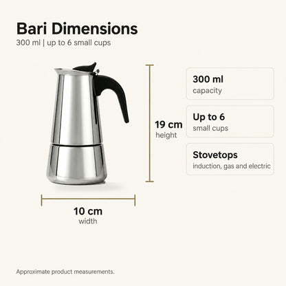 Bari Induction Moka Pot – 300 ml Polished Stainless Steel – dimensions and specifications