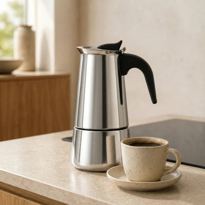 Bari Induction Moka Pot – 300 ml Polished Stainless Steel – brewed coffee result