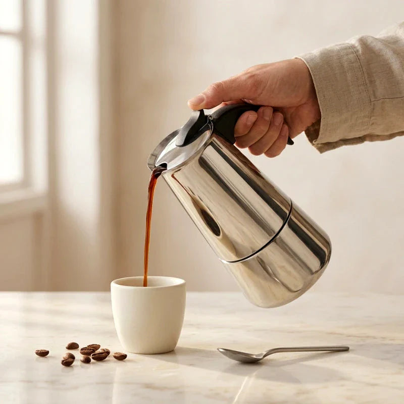 Bari Induction Moka Pot – 300 ml Polished Stainless Steel – in use