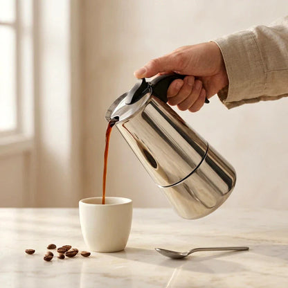 Bari Induction Moka Pot – 300 ml Polished Stainless Steel – in use