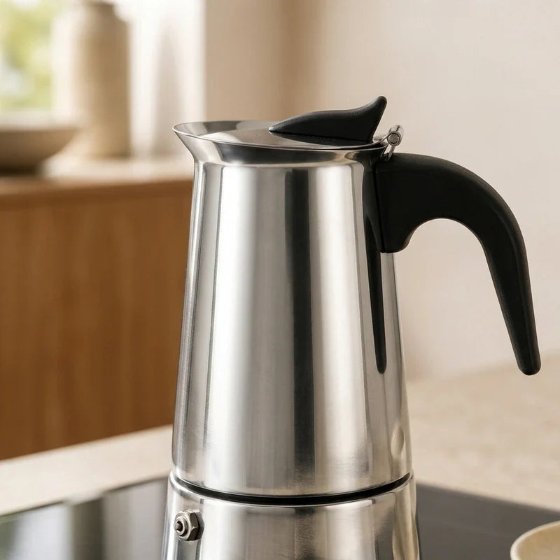 Bari Induction Moka Pot – 300 ml Polished Stainless Steel – feature detail