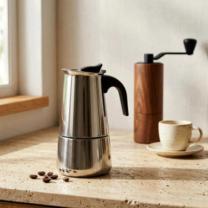 Bari Induction Moka Pot – 300 ml Polished Stainless Steel – in a lifestyle setting
