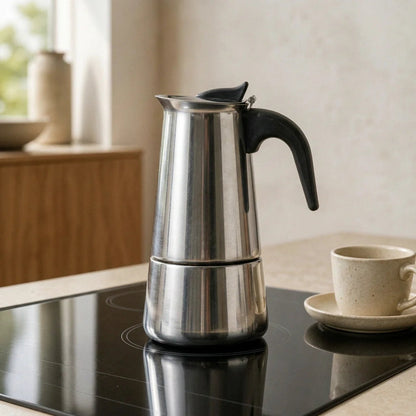 Bari Induction Moka Pot – 300 ml Polished Stainless Steel – in a lifestyle setting