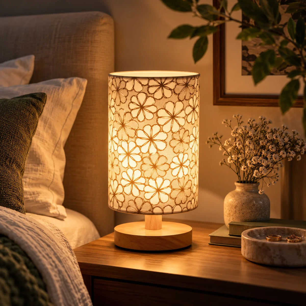 Beige floral table lamp with wooden base and soft warm light