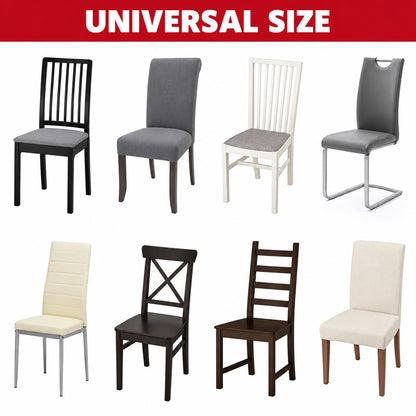Dining chair cover compatibility graphic showing eight chair styles with different backs, seats and legs.