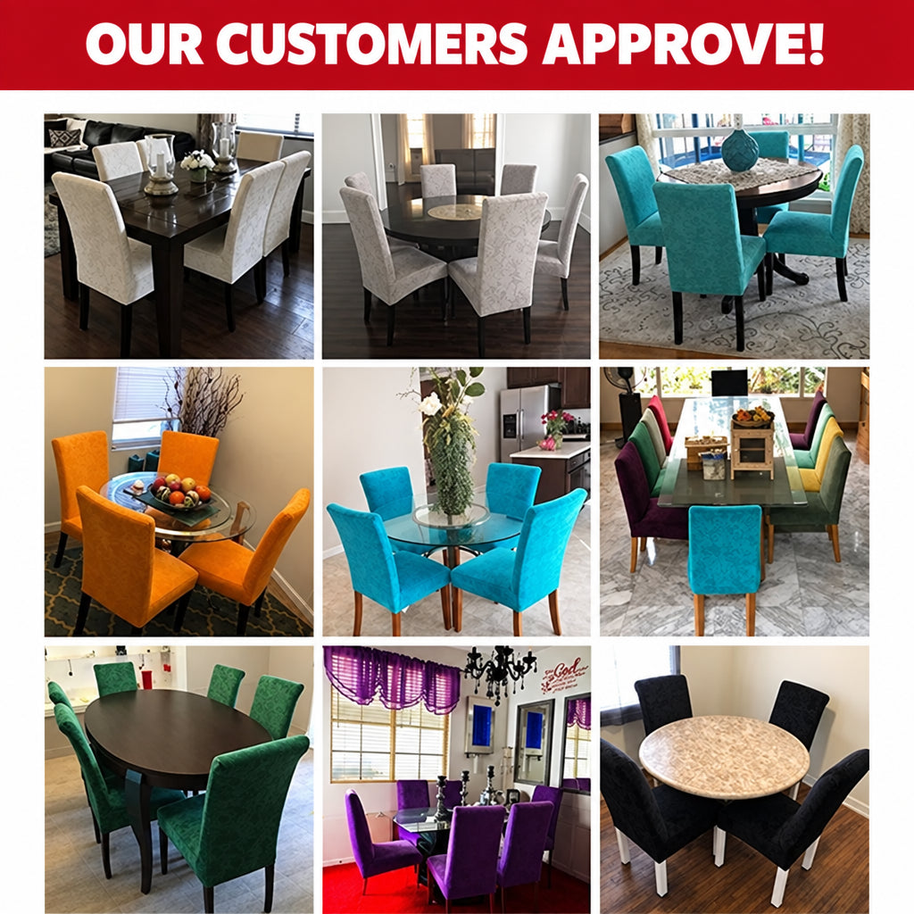 Collage showing dining chair covers in different colours fitted around dining tables in various rooms.
