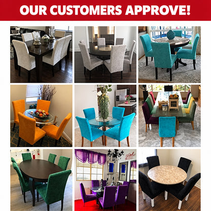 Collage showing dining chair covers in different colours fitted around dining tables in various rooms.