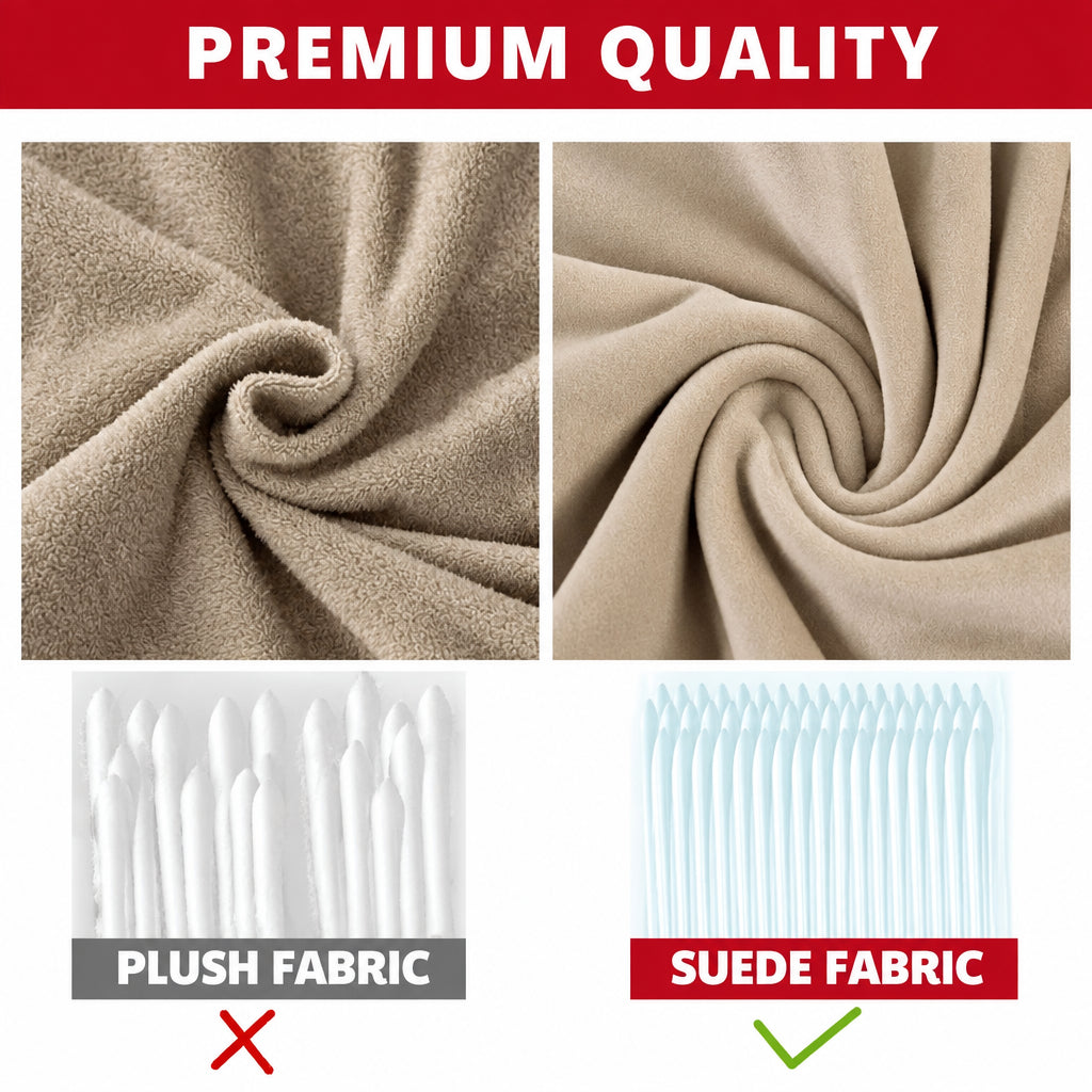 Fabric comparison graphic with gathered fabric close-ups and a labelled plush-versus-suede comparison.