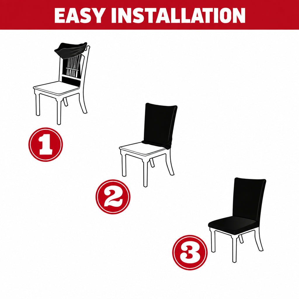 Three-step dining chair cover fitting guide showing the cover pulled over the backrest and then the seat.