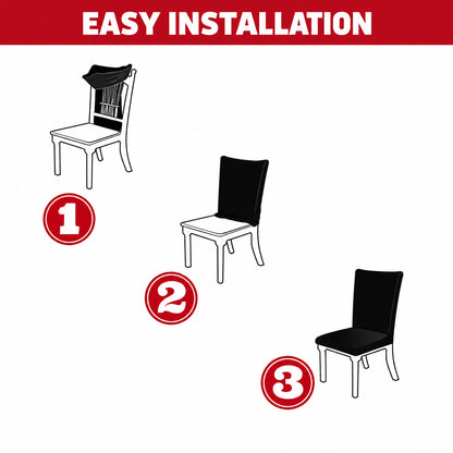 Three-step dining chair cover fitting guide showing the cover pulled over the backrest and then the seat.