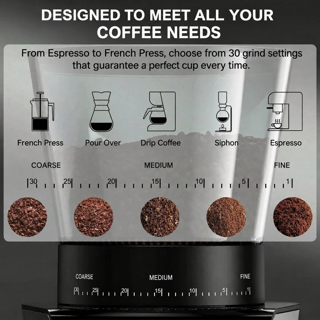 BioloMix BG706 Electric Burr Coffee Grinder – 30 Settings – feature detail