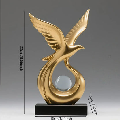 Gold-coloured bird sculpture shown with 22 cm height, 13 cm width and 15 cm depth measurements.